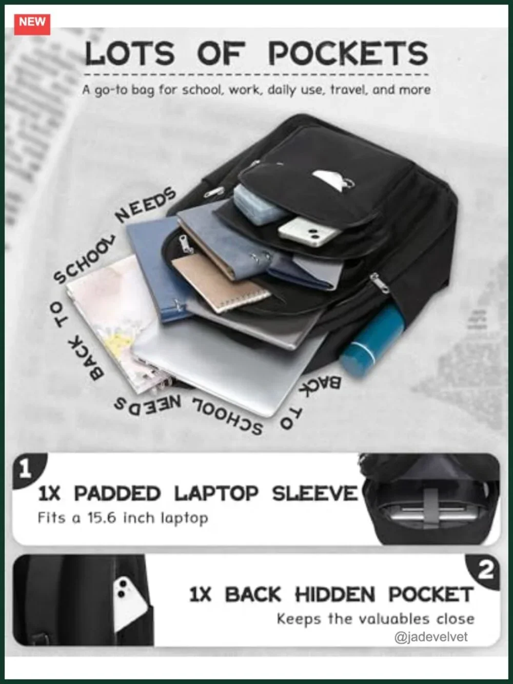 Large College Bookbag with Laptop Compartment, Multi-Compartment Backpack for
